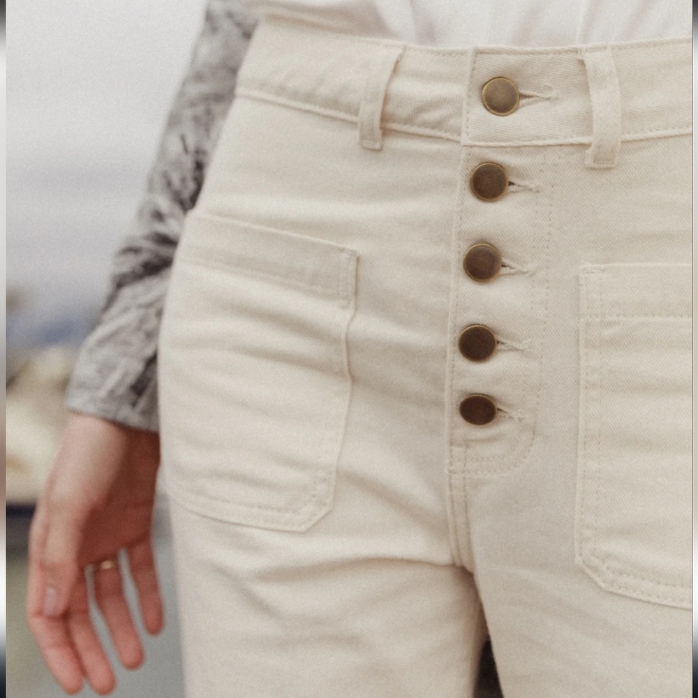 Catherine Gee Button Fly Flare Jeans Peruvian Cotton Ivory Size 4